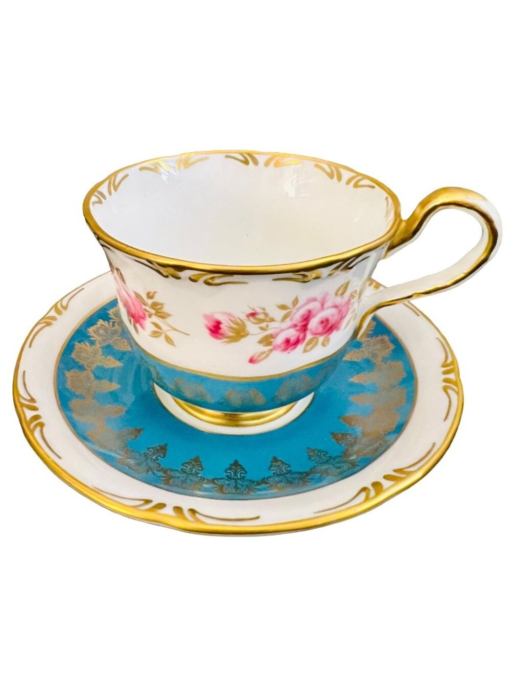 Vintage Aynsley Bone China Peacock Blue Floral Gold Gilt Tea Cup And Saucer Set